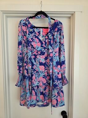 Lilly Pulitzer Blue Floral Tie-Neck Dress with Pink & Aqua Accents